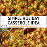 Bubbly stuffing and rice casserole with golden top served in a rustic baking dish